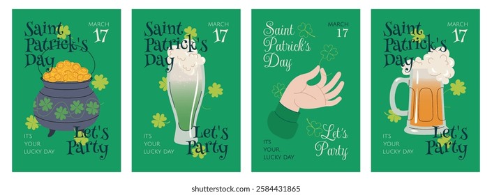 St. Patrick's Day party banners. Saint Patrick day template for party invitation, flyer, card. Irish green compositions with luck clover, beer mug, shamrock, pot with gold coins. Vector illustration.