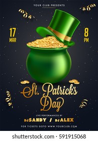 St. Patrick's Day Party celebration Invitation Card design with illustration of glowing gold coins pot and leprechaun hat.