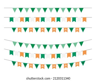 St Patricks Day party flags isolated. Vector set of traditional Saint Patricks holiday buntings and garlands. Festive Irish decorations collection.