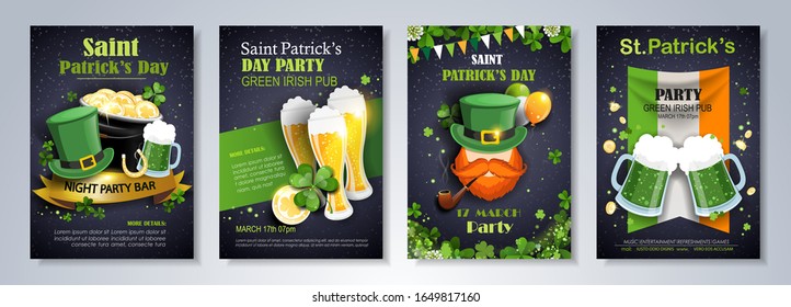 St. Patrick's Day party flyer set. Leprechaun, hat, clover, pot with gold, beer  and other holiday symbols on black background. Vector illustration.