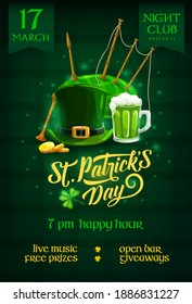 St. Patricks Day party flyer with cartoon vector leprechaun hat, Ireland ale, gold coins, shamrock and bagpipes on green tartan background with lettering. National irish Saint Patrick event invitation