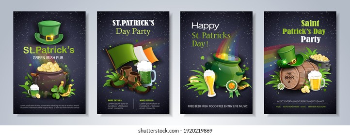 St. Patrick's Day party flyer set. Pot with gold, rainbow, Leprechaun hat, beer  and other holiday symbols on black background. Vector illustration.