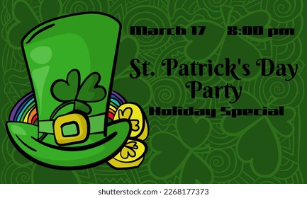 St. Patrick's day party horizontal invitation design, leprechaun hat and rainbow with coins vector illustration
