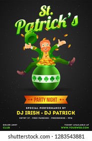 St. Patrick's Day party invitation card or template design with happy leprechaun man character on black background.