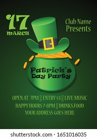 St. Patrick's Day Party Invitation Banner Design with hat and Gold coins pot.