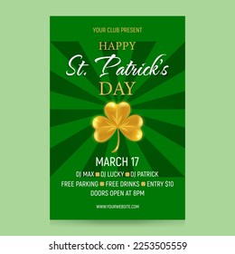 St. Patrick's Day party invitation. Happy St. Patrick's Day celebration flyer with golden shamrock on green background. Vector illustration.