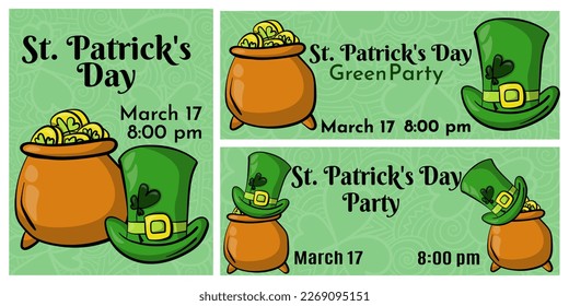 St. Patrick's Day Party Invitation Set, Luck Coin Pot and Green Leprechaun Hat vector illustration
