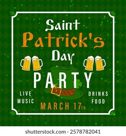 St. Patrick's Day party invitation card design template with green top hat, shamrock and beer mugs on green background. Vector Illustration.