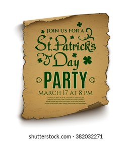 St. Patrick's Day party. Invitation poster, flyer or brochure template. Calligraphic typeface on old scroll isolated on white background. Vector illustration.