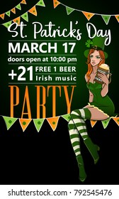 St. Patrick's Day party invitation poster. Vector illustration of female in green dress with beer mug. Greeting card, poster, banner, event flyer.