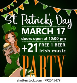 St. Patrick's Day party invitation poster. Vector illustration of female in green dress with beer mug. Greeting card, poster, banner, event flyer.