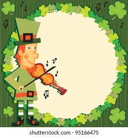 St. Patrick's Day Party leprechaun Invitation. Cute and Funky leprechaun plays his fiddle and invites you to a St. Patrick's Day party with clover leaf frame and textured background.