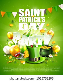 St. Patrick's Day party poster with Leprechaun`s hat, pot of gold, cloverleafs and balloons in the colors of Ireland.