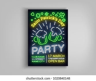 St. Patricks Day Party Poster. Design template typography in neon style, Neon sign, Bright flyer, Flare banner, Invitation to a party, festival, celebration. Vector illustration