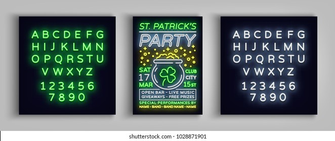 St. Patricks Day Party Poster. Design template typography in neon style, Neon sign, Bright flyer, Flare banner, Invitation to party, festival celebration. Vector illustration. Editing text neon sign