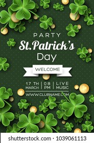 St. Patrick's Day party poster. Clover leaves with coins on green background for greeting holiday design, invitation template. Vector illustration.