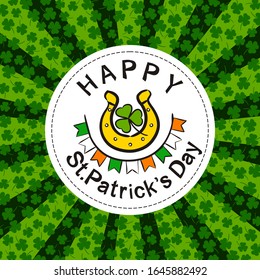 St. Patrick's Day Party Poster in hand drawn style. Irish elements on the white round frame. Gold Horseshoe, Shamrock and Irish Flag. Template for the design of posters, cards, banners