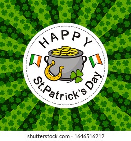 St. Patrick's Day Party Poster in hand drawn style. Irish elements on the white round frame. A pot of gold, a shamrock, a horseshoe and an Irish flag. Template for the design of posters, cards, banner