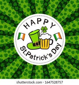 St. Patrick's Day Party Poster in hand drawn style. Irish elements on the white round frame. Leprechaun hat, shamrock, beer and Irish flag. Template for the design of posters, cards, banners