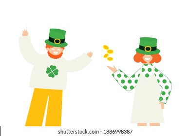 St. Patrick's Day party poster. Irish traditional, people modern art, flat cartoon design. Green hat and gold coins, lucky and happy