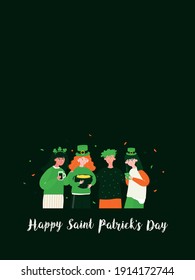 St. Patrick's Day party poster. Young fashion people celebrating Irish holiday. Green hat and gold coins, lucky and happy