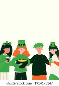 St. Patrick's Day party poster. Young fashion people celebrating Irish holiday. Green hat and gold coins, lucky and happy