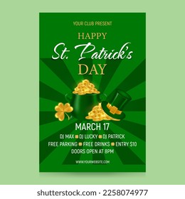 St. Patrick's Day party poster. March 17th celebration invitation. Green background with pot of gold, Leprechaun hat, gold coins, clover. Vector illustration.