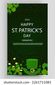 St. Patrick's Day party poster. Clover leaves with coins on green background for greeting holiday design, invitation template. Vector illustration.