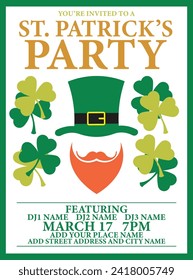 St Patrick's day party poster flyer or social media post design