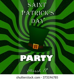 St. Patrick's Day party poster with silk hat on sunburst background. Stock vector.