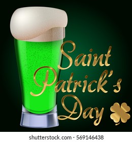 St. Patrick's Day party poster. Green beer in elegant glasses. With gold text and clover. Stock vector illustration