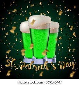 St. Patrick's Day party poster. Green beer in elegant glasses. With gold text and confetti. Stock vector illustration