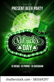 St. Patrick's Day party poster with ornate lettering, light frame and disco ball.