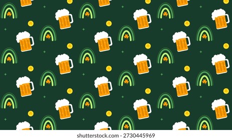 Dia de São Patrício Festa Padrão Sem Costura com Arcos Arco-Íris Verde, canecas de cerveja e moedas de ouro