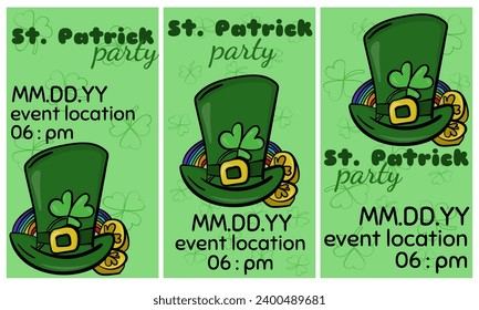 St. Patrick's Day party,  set of vertical format flyers or invitations vector illustration in cartoon style