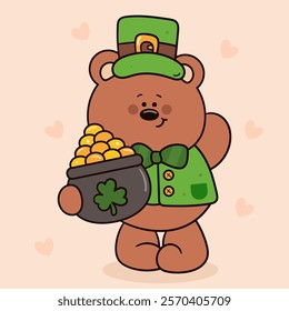 St Patricks day party with teddy bear cub and pot of coins. kawaii vector (whimsical characters) illustration. Series: Dwarf fun Leprechaun Lucky clover Shamrock. Elves working magical fantasy.