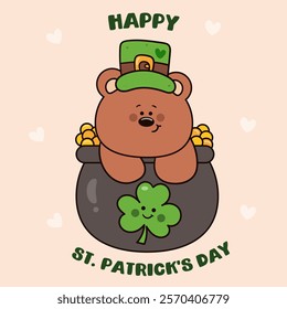 St Patricks day party with teddy bear cub and clover in pot of coin. kawaii vector (whimsical characters) illustration. Series: Dwarf fun Leprechaun Lucky Shamrock. Elves working magical fantasy.