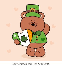 St Patricks day party with teddy bear cub and Ireland flag. kawaii vector (whimsical characters) illustration. Series: Dwarf fun Leprechaun Lucky clover Shamrock. Elves working magical fantasy.