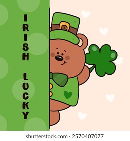 St Patricks day party with teddy bear cub with clover. kawaii vector (whimsical characters) illustration. Series: fun Leprechaun Lucky Shamrock. Elves working magical fantasy for fairytale book 