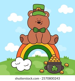 St Patricks day party with teddy bear cub and rainbow with pot of gold. kawaii vector (whimsical characters) illustration. Series: Rich fun Leprechaun Lucky Shamrock. Elves working magical fantasy.