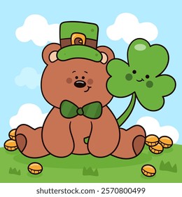 St Patricks day party with teddy bear cub with giant clover. kawaii vector (whimsical characters) illustration. Series: Rich fun Leprechaun Lucky Shamrock. Elves working magical fantasy for fairytale.