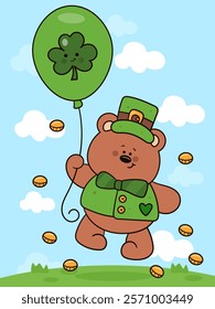 St Patricks day party with teddy bear cub holding clover balloon and coins. kawaii vector (whimsical characters) illustration. Series: Rich fun Leprechaun Lucky Shamrock. Cute animal magical fantasy.