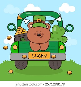 St Patricks day party teddy bear cub in truck with pot of gold and clover . kawaii vector (whimsical characters) illustration. Series: Rich fun Leprechaun Lucky Shamrock. Cute animal magical fantasy.