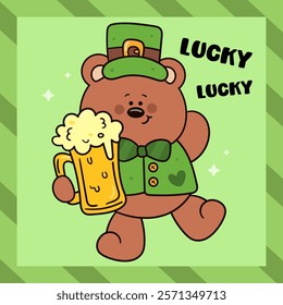 St Patricks day party teddy bear cub holding beer irish celebartion. kawaii vector (whimsical characters) illustration. Series: Rich fun Leprechaun Lucky Shamrock. Cute animal magical fantasy.