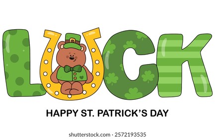 St Patricks day party teddy bear cub on horseshoe Irish celebration. kawaii vector (whimsical characters) illustration. Series: Rich fun Leprechaun Lucky Shamrock. Cute animal magical fantasy.