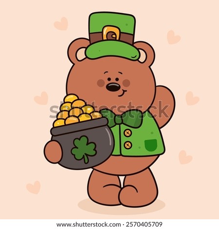 St Patricks day party with teddy bear cub and pot of coins. kawaii vector (whimsical characters) illustration. Series: Dwarf fun Leprechaun Lucky clover Shamrock. Elves working magical fantasy.