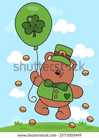 St Patricks day party with teddy bear cub holding clover balloon and coins. kawaii vector (whimsical characters) illustration. Series: Rich fun Leprechaun Lucky Shamrock. Cute animal magical fantasy.