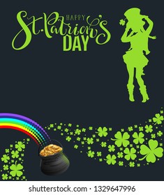 St Patricks Day Party template banner. Green silhouette of dancing woman on black background. Vector type illustration