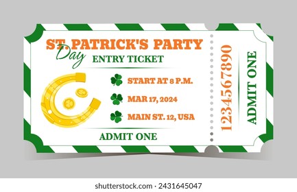 St. Patrick's Day Party Vorlage Ticket mit goldenen Hufeisen und Münzen