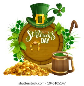 St. Patrick's day party text greeting card. Gold coins, wooden barrel and mug beer, gold horseshoe, hat and leaves clover. Isolated on white vector cartoon illustration